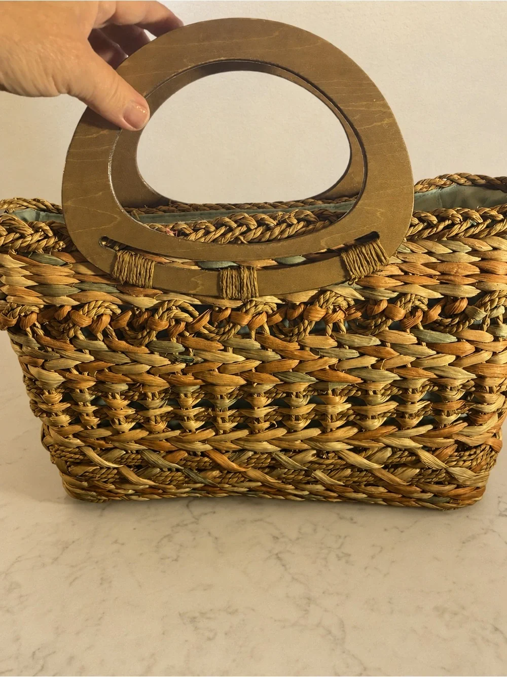 Woven Natural Fiber Handbag Wood Handles Boho Coastal Purse